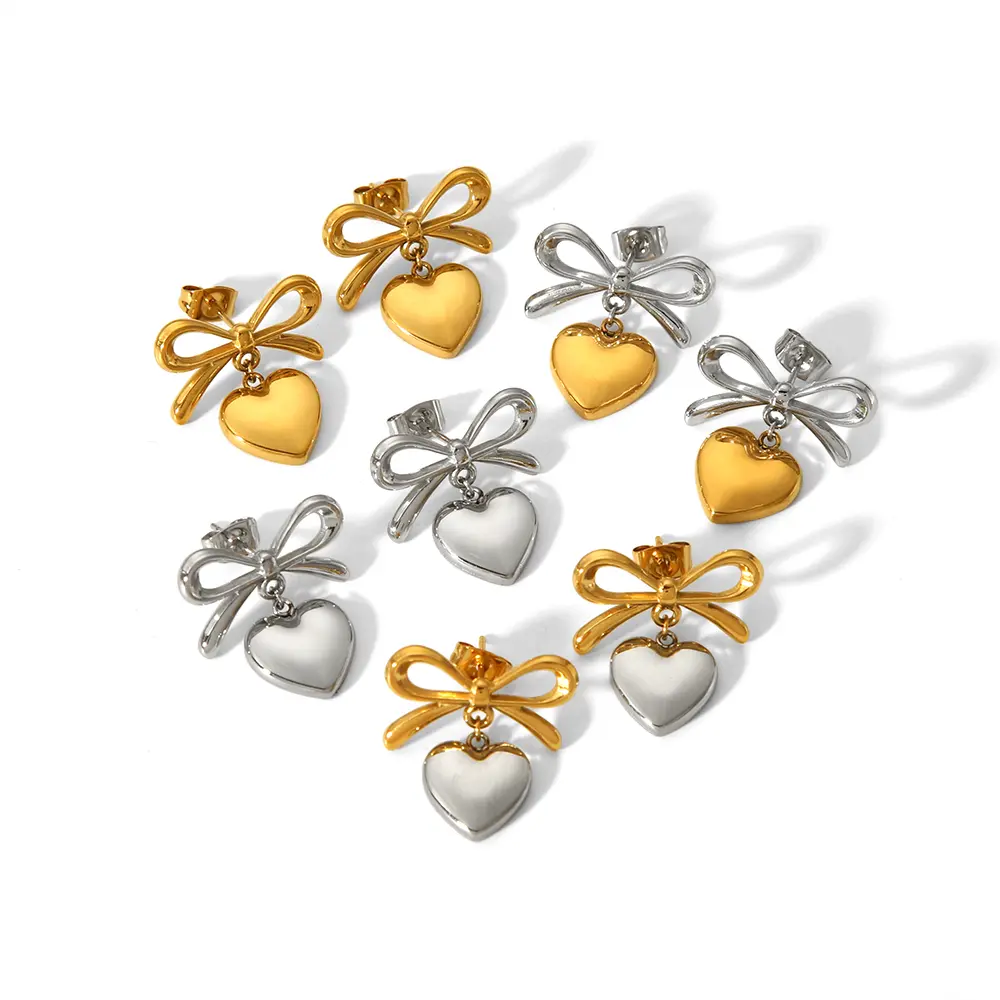 1 Pair Simple Sweet Style Bow Knot Heart Shape Stainless Steel 18K Gold Plated Women's Drop Earrings h5 